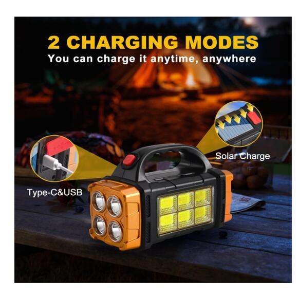 Solar LED Flashlight, HighLumen Rechargeable Spotlight, 4 Light Mode Searchlight - Picture 2 of 6